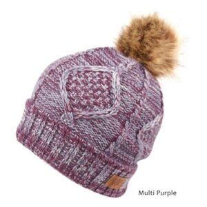 Fleece Lined Marled Knit Beanie With Faux Fur Pom Pom